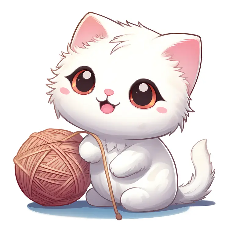 Cute White Cat with Yarn Ball