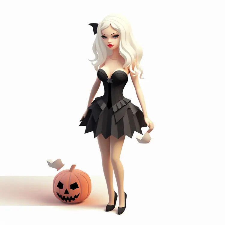 Cute Halloween Doll in Black Dress with Pumpkin