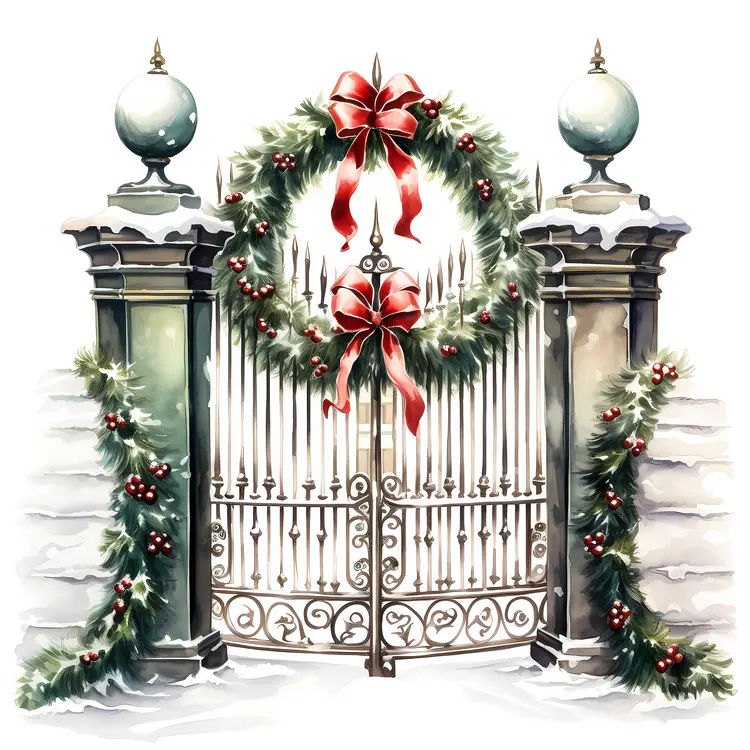Gate with Large Christmas Wreath and Red Bow