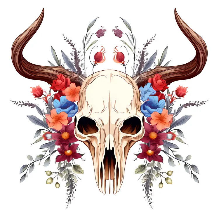 Colorful Floral Skull with Antlers