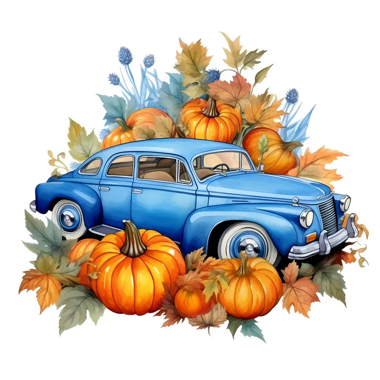Blue Vintage Car with Pumpkins and Leaves