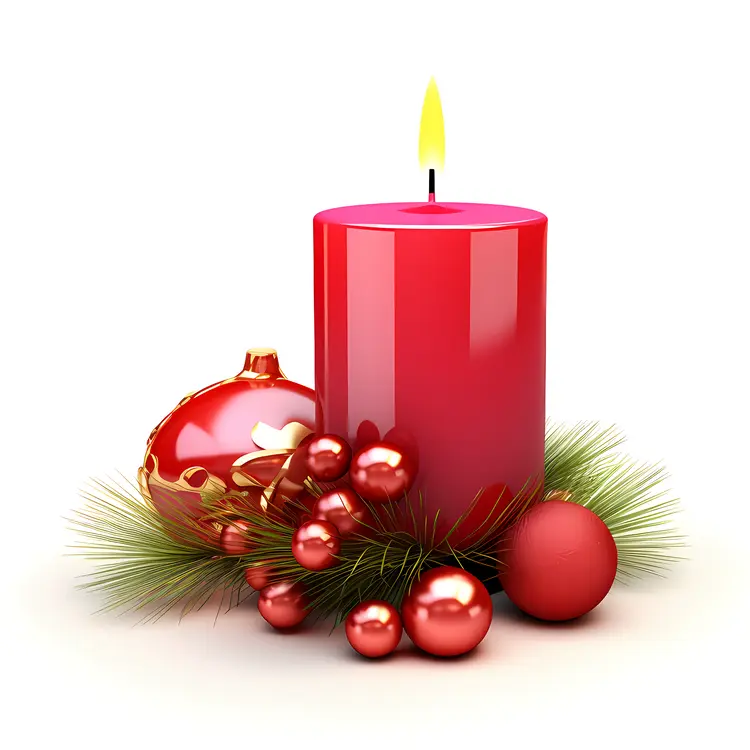 Red Candle with Ornaments and Greenery