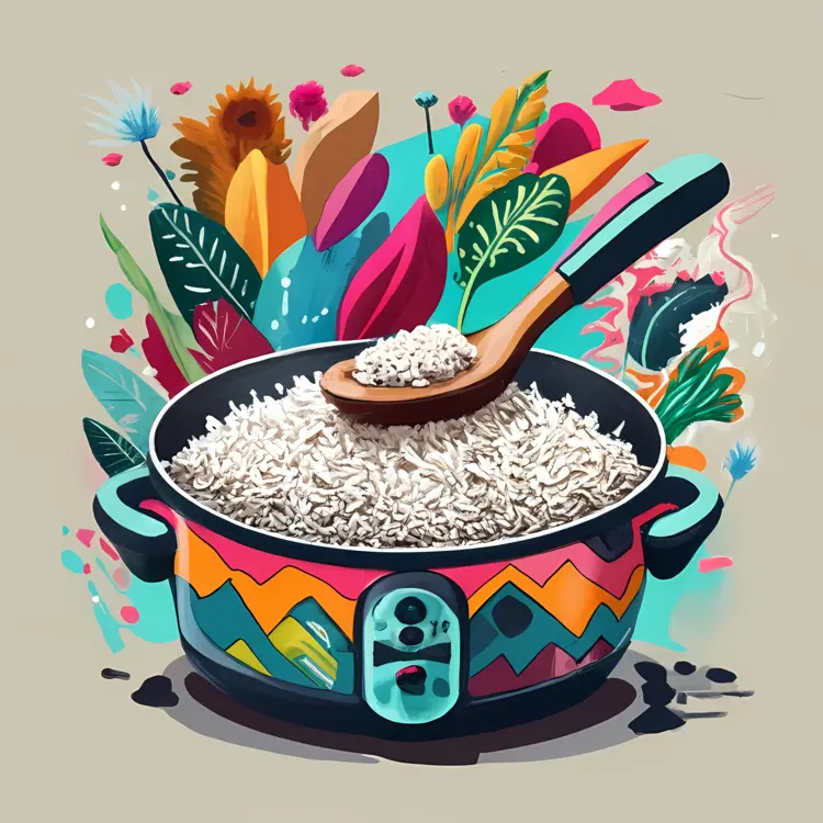 Colorful Pot of Rice with Spoon and Leaves