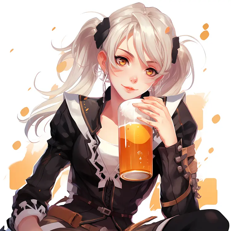 Blonde Girl with Beer in Anime Style