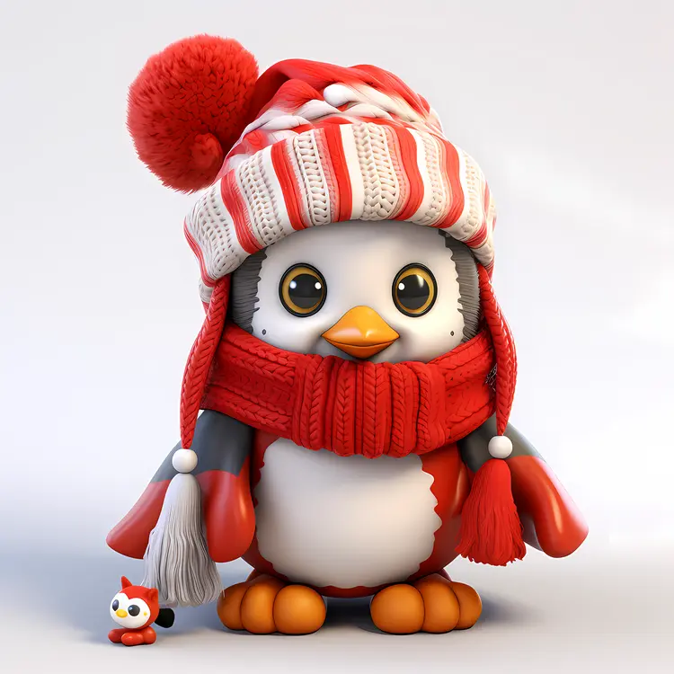 Adorable Penguin with Red and White Striped Hat and Scarf