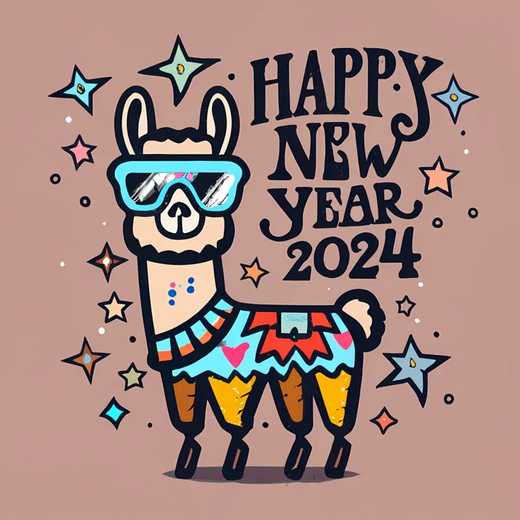 Stylish Llama Celebrating New Year 2024