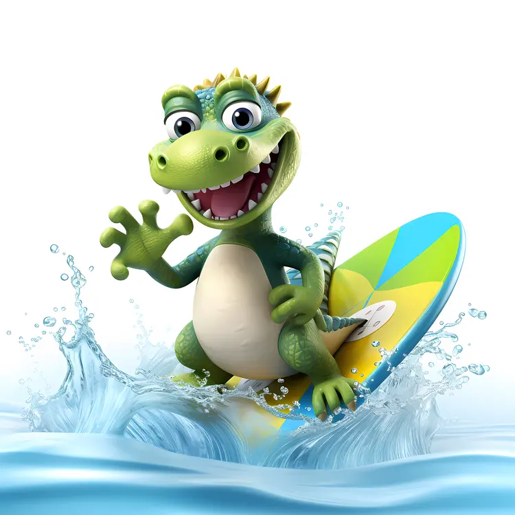 Cartoon Dinosaur Surfing on a Summer Beach