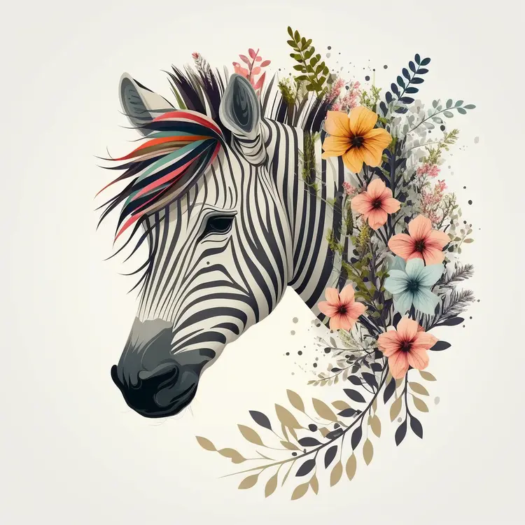 Zebra with Colorful Mane and Floral Design