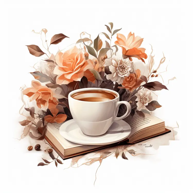 Elegant Coffee Cup with Floral Arrangement and Book
