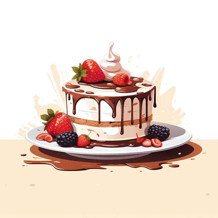 Layered Cake with Chocolate Drizzle and Fresh Berries
