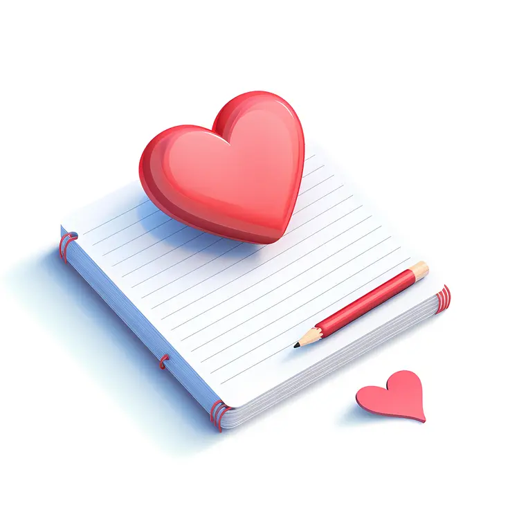 Heart and Notebook with Pencil in Flat Cartoon Style