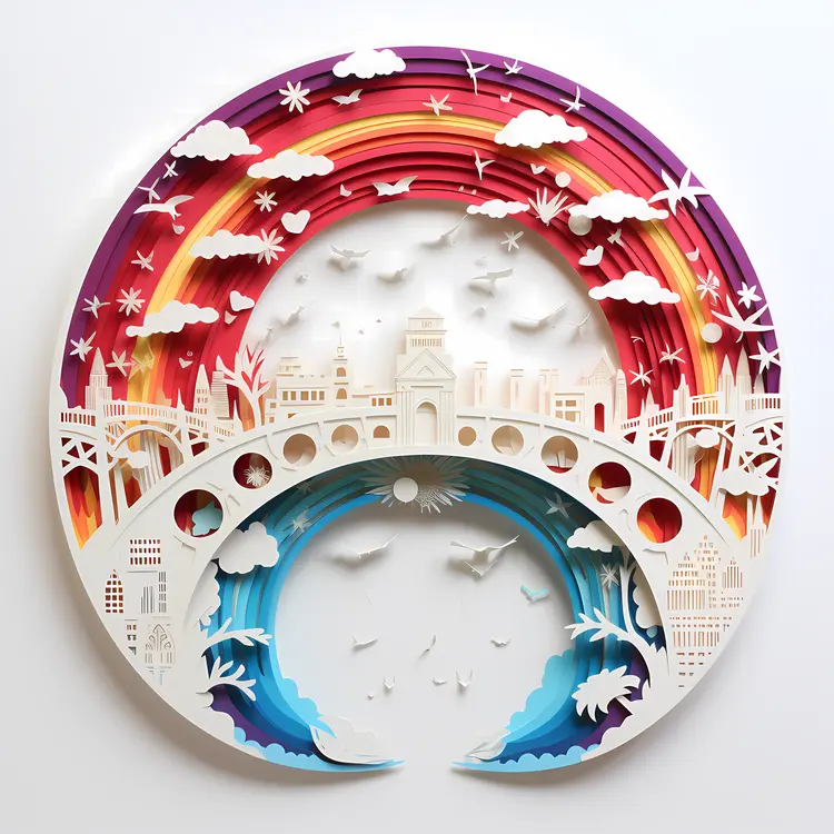 Paper Art Rainbow with Cityscape