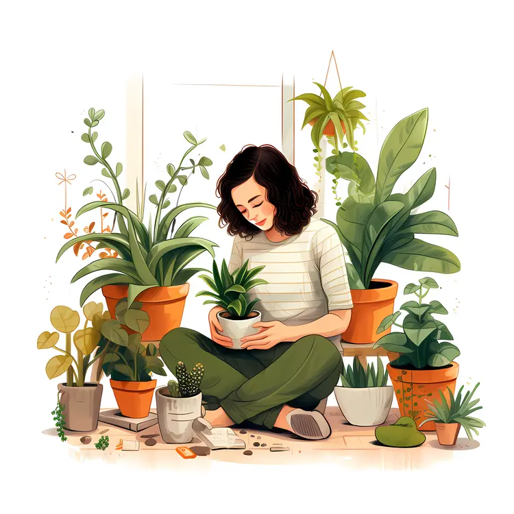 Woman Caring for Potted Plants