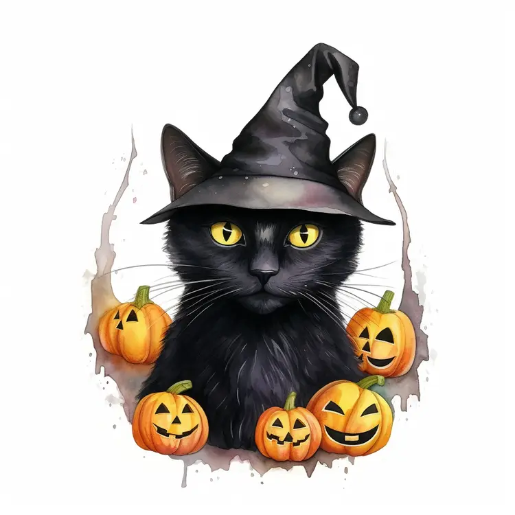 Black Cat with Witch Hat and Pumpkins for Halloween