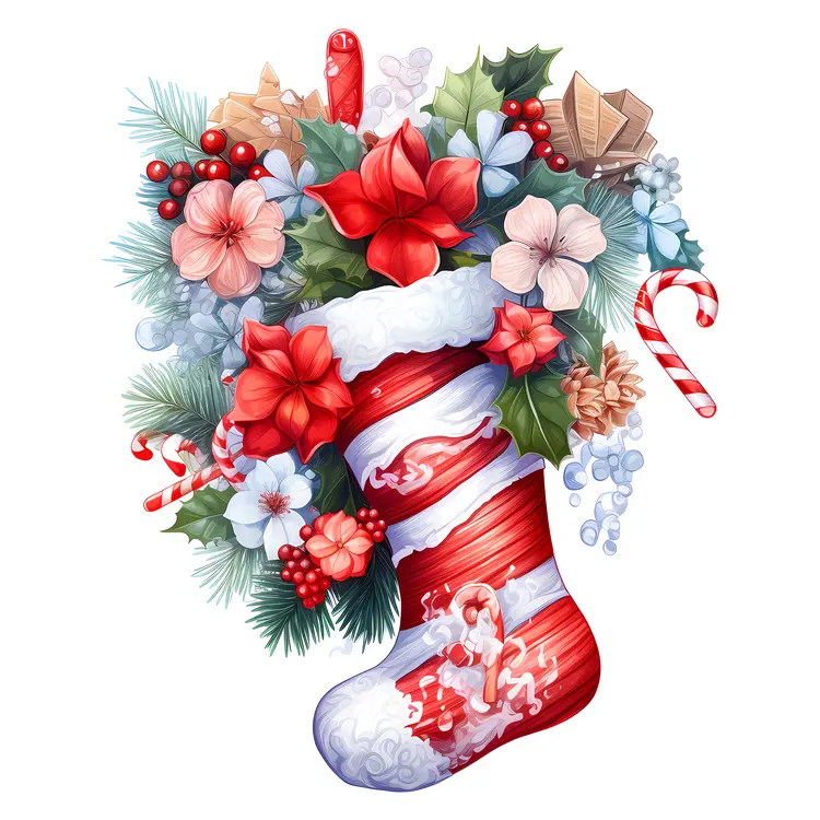 Red and White Christmas Stocking with Flowers and Candy Canes
