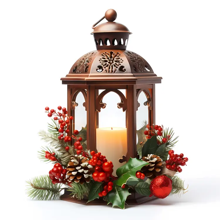 Christmas Lantern with Berries and Pinecones