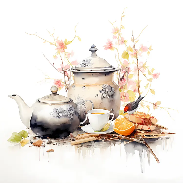 Vintage Teapot with Cup and Bird