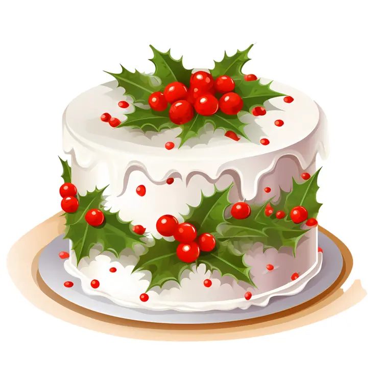 Christmas Cake with Holly Leaves and Red Berries