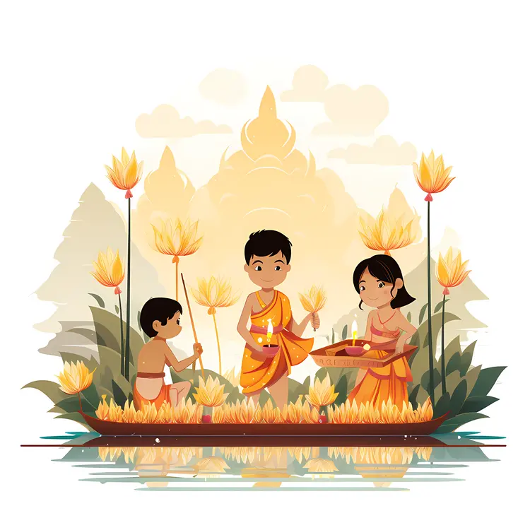 Three People with Lotus and Lantern