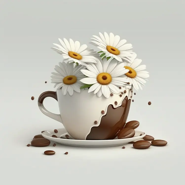 Beautiful Cup with Daisies and Coffee Beans