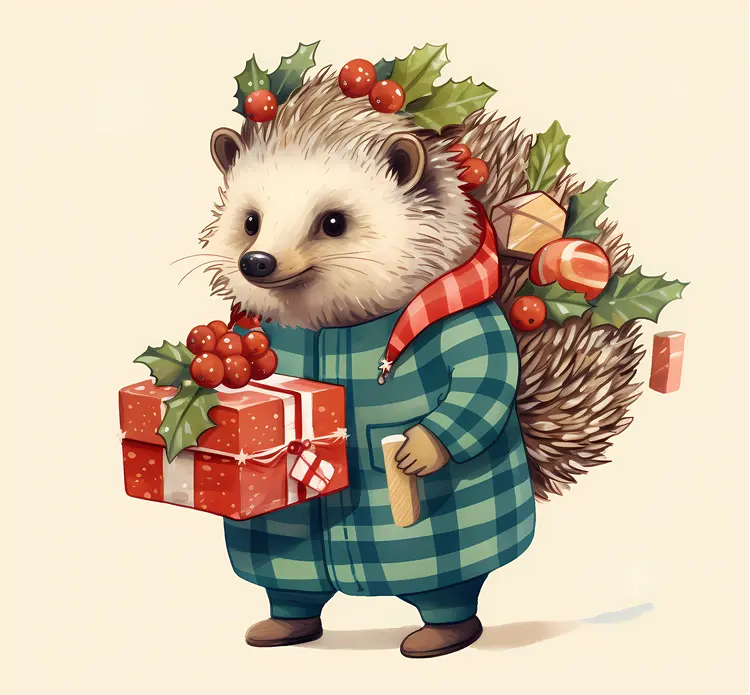 Hedgehog with Gift and Plaid Outfit