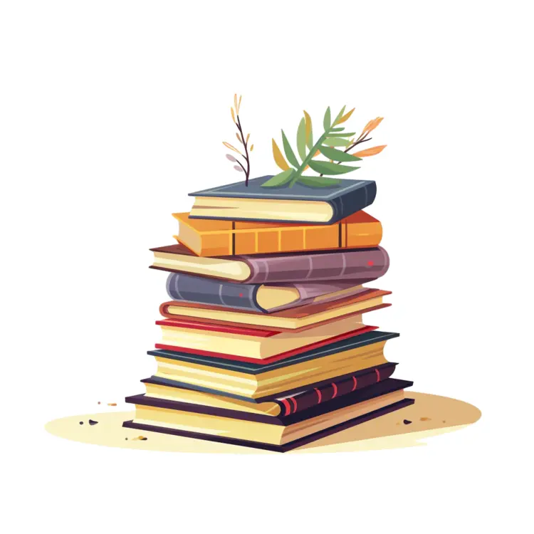 Stack of Colorful Books with Leaves