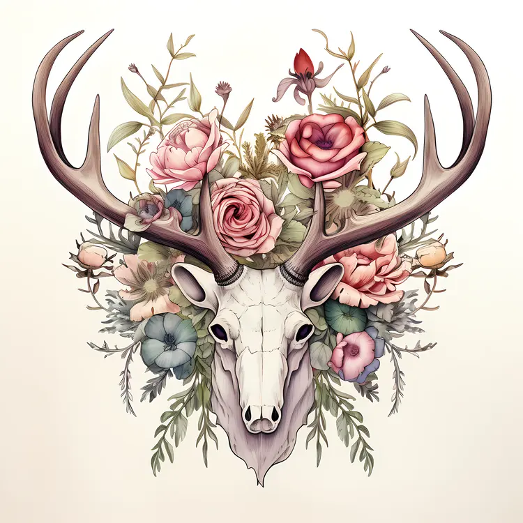Deer Skull with Pink Roses