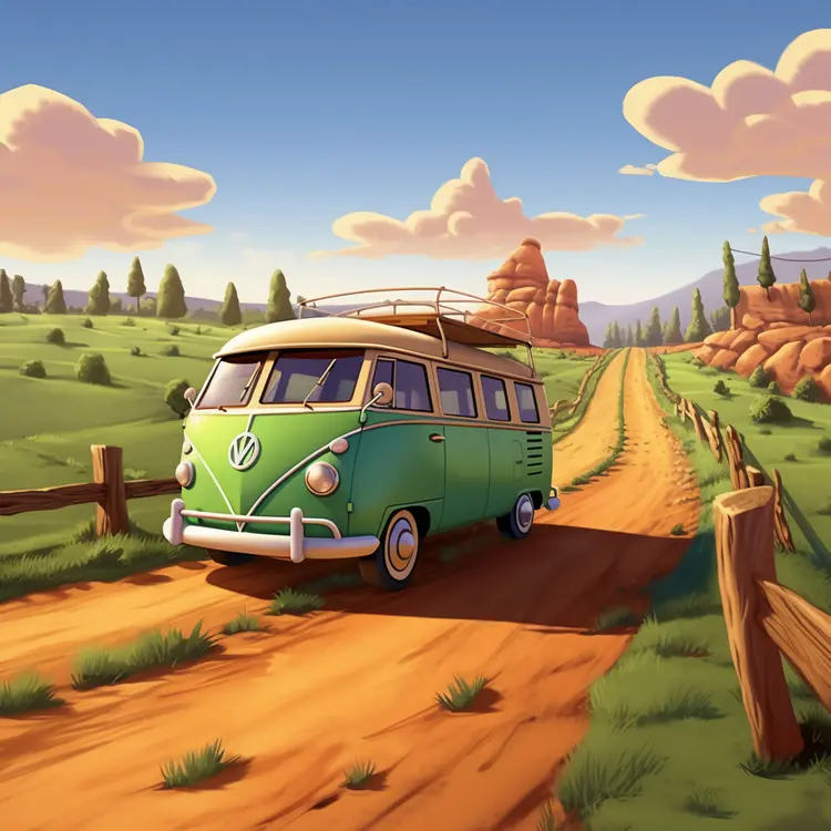 Green Van on a Countryside Road Trip