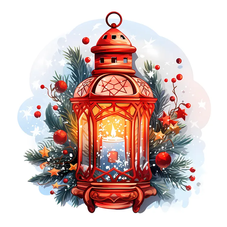 Red Lantern with Christmas Decorations