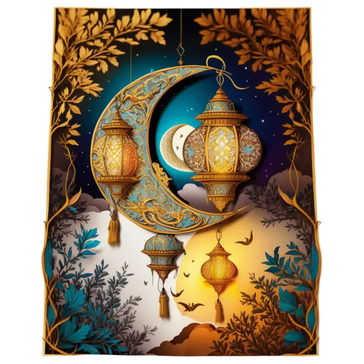 Ornate Crescent Moon and Lanterns for Ramadan