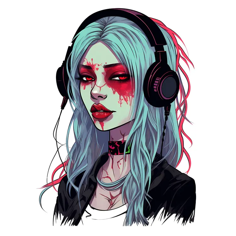 Zombie Girl with Headphones and Blue Hair