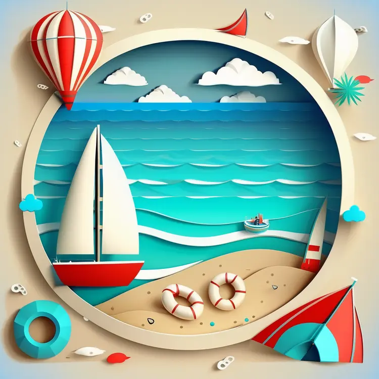 Sailboat on a Summer Beach with Hot Air Balloon and Lifebuoy