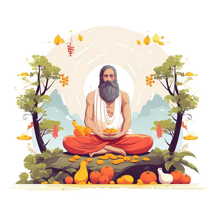 Sage Meditating in Nature with Fruits