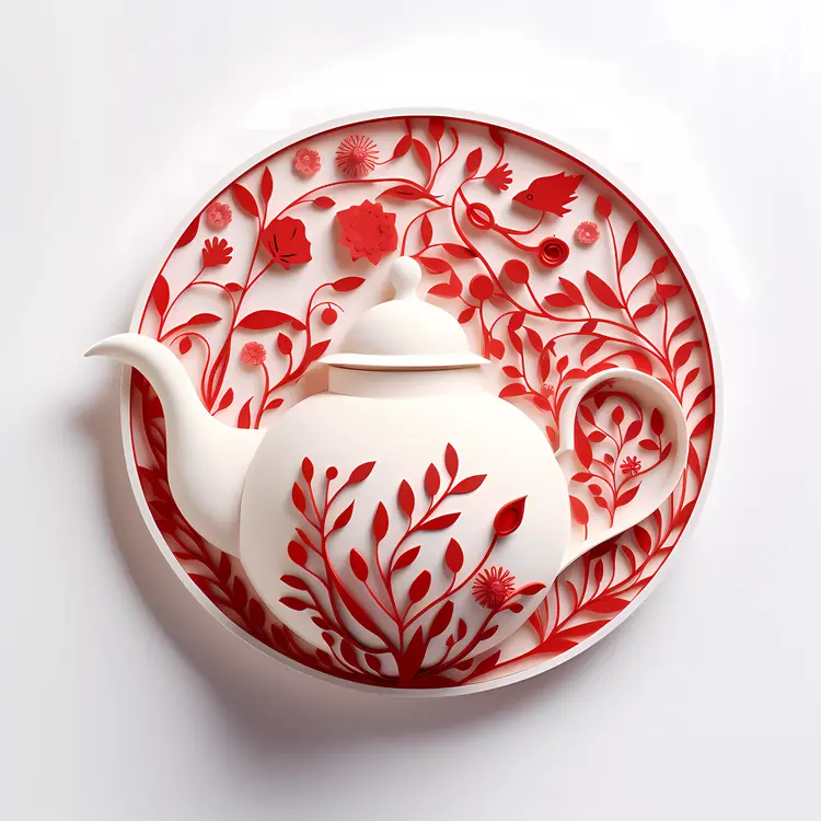 Teapot with Red Leaves on Plate Illustration