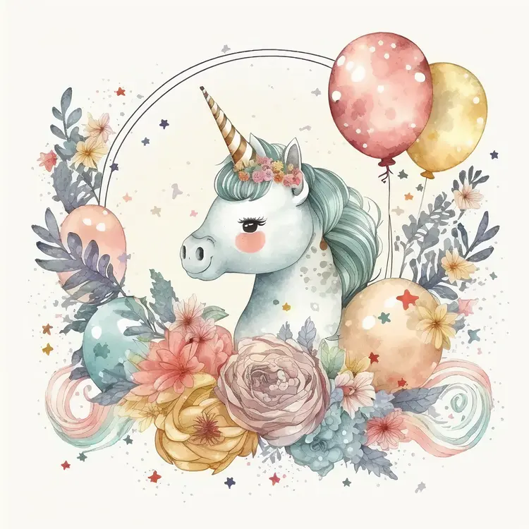 Whimsical Unicorn with Balloons and Flowers
