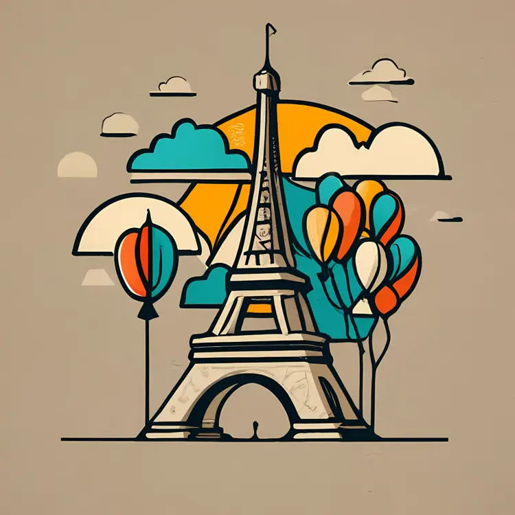 Eiffel Tower with Balloons and Clouds