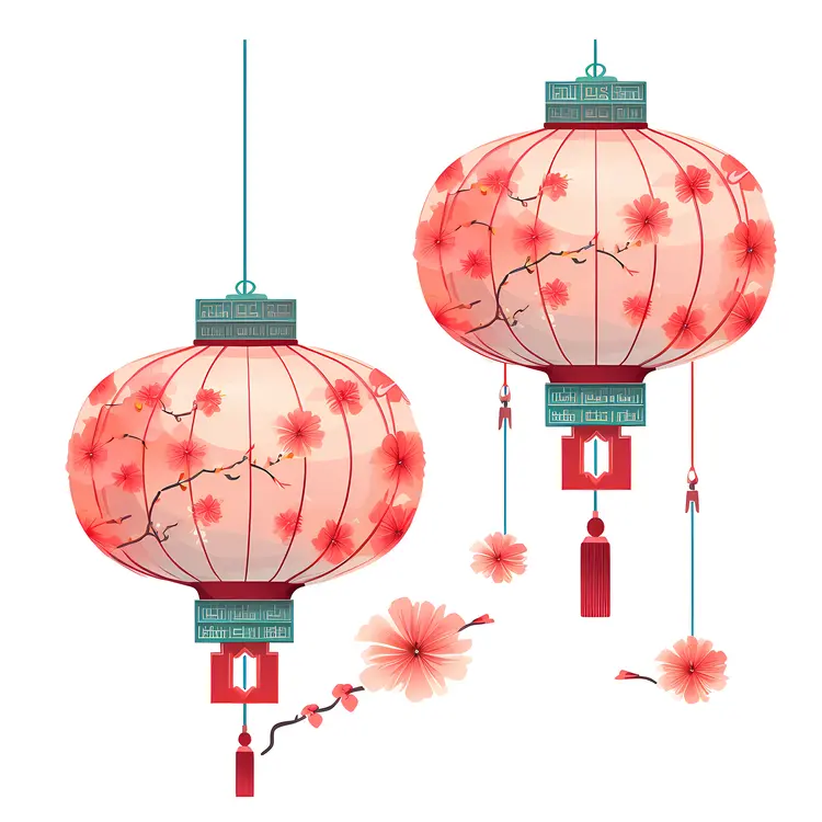 Pair of Red Lanterns with Cherry Blossoms