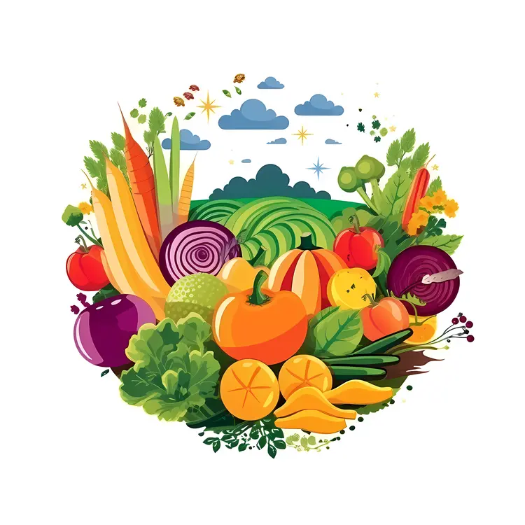 Colorful Vegetables and Fruits in a Green Landscape