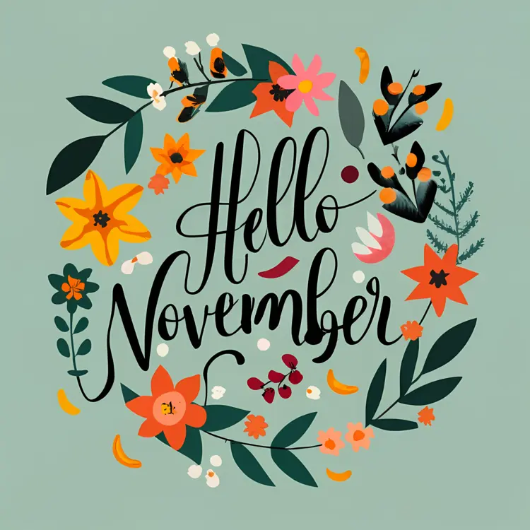 Hello November with Flowers and Leaves