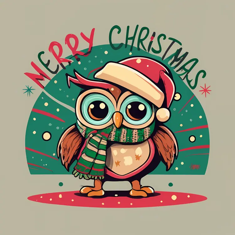 Cute Owl with Christmas Hat and Scarf