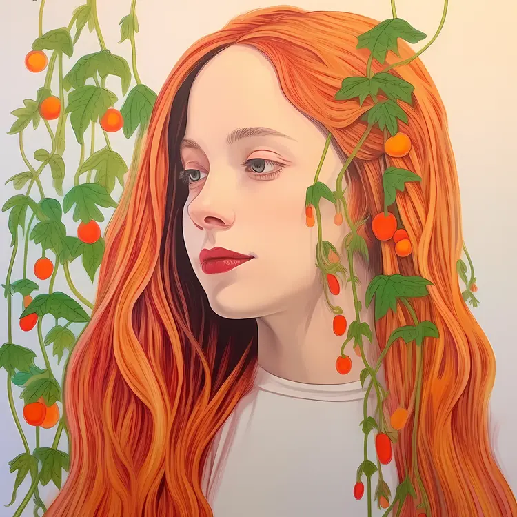 Portrait of a Woman with Red Hair and Plants