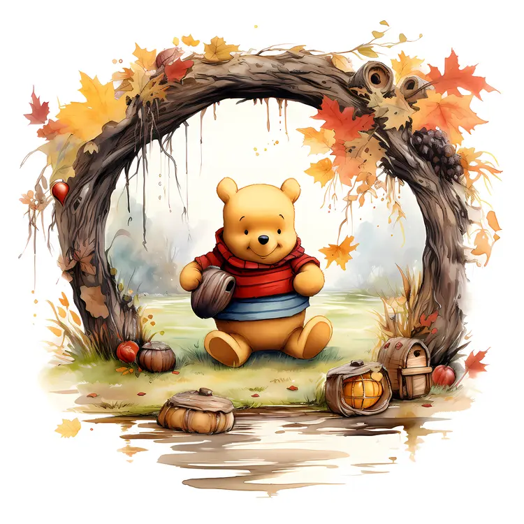 Yellow Bear with Scarf and Pumpkins