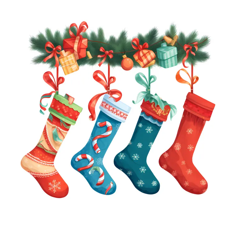 Colorful Christmas Stockings with Gifts and Decorations
