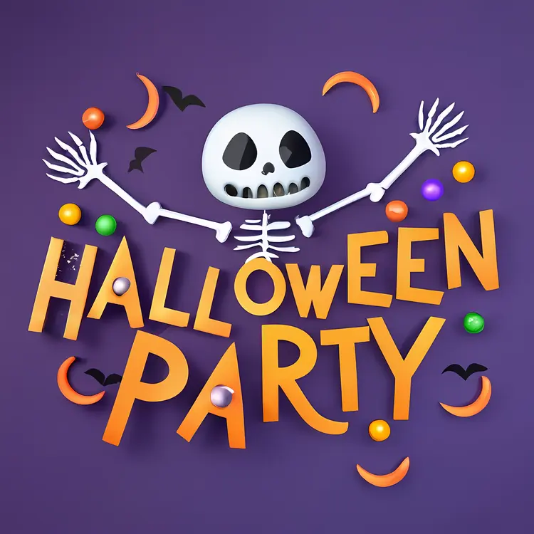 Halloween Party with Skeleton and Bats