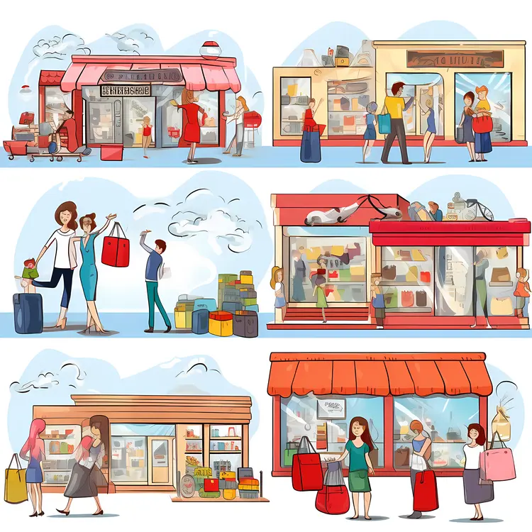 Various Shops and Customers in a Shopping District Illustration