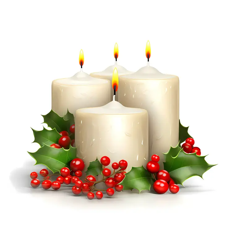White Candles with Holly Leaves and Red Berries