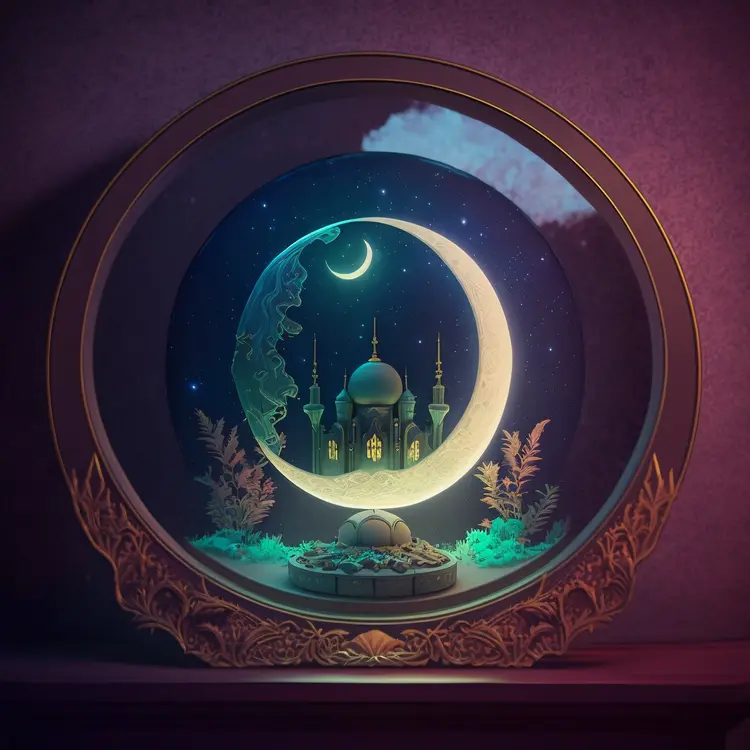 Crescent Moon and Mosque Night Scene for Ramadan