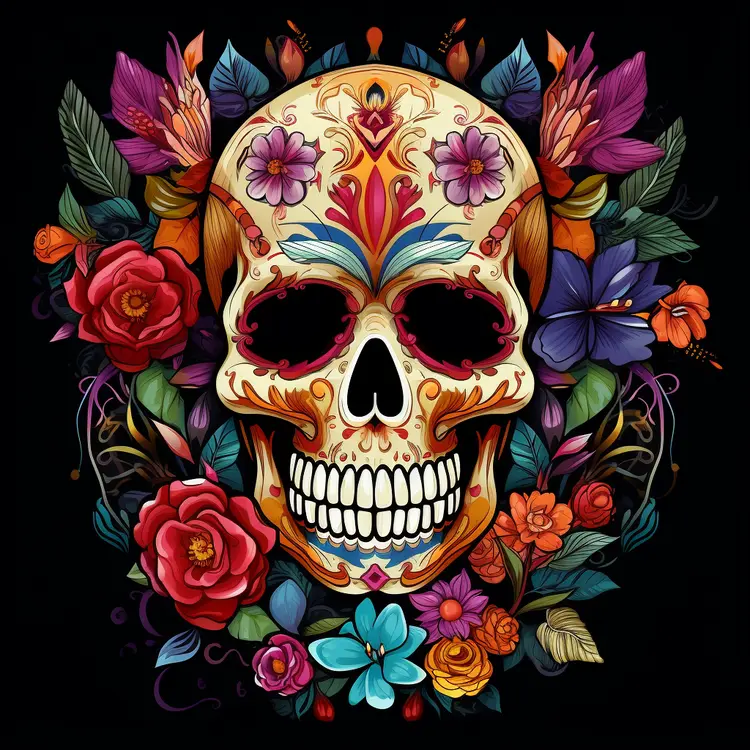 Colorful Sugar Skull with Floral Decorations for Day of the Dead