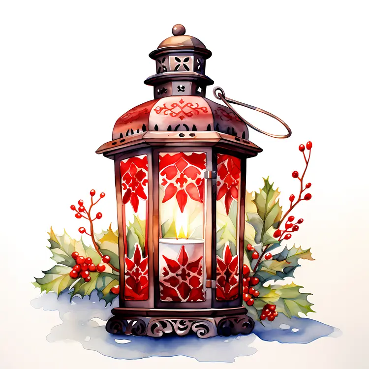 Christmas Lantern with Holly and Berries