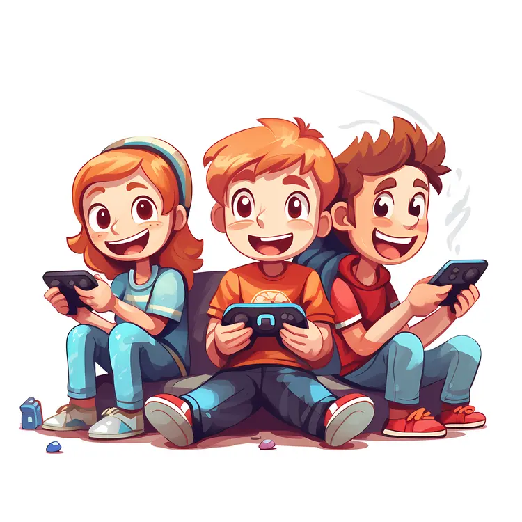 Happy Children Playing Mobile Games